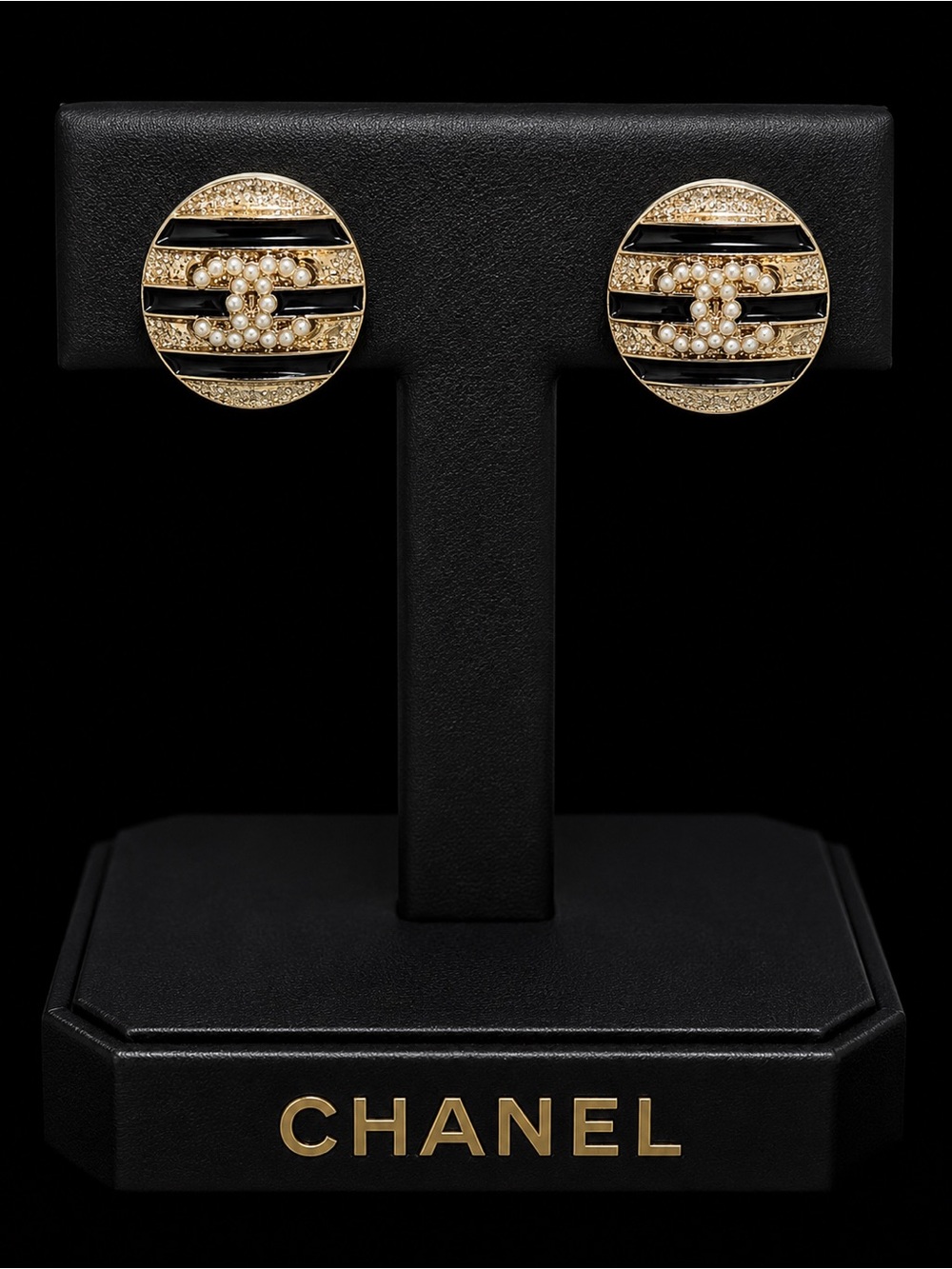 CHANEL Gold & Black Pearl CC Logo Round button Stud Earrings